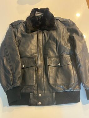 Men's Black Leather Bomber Jacket with Fur Collar by Club Room